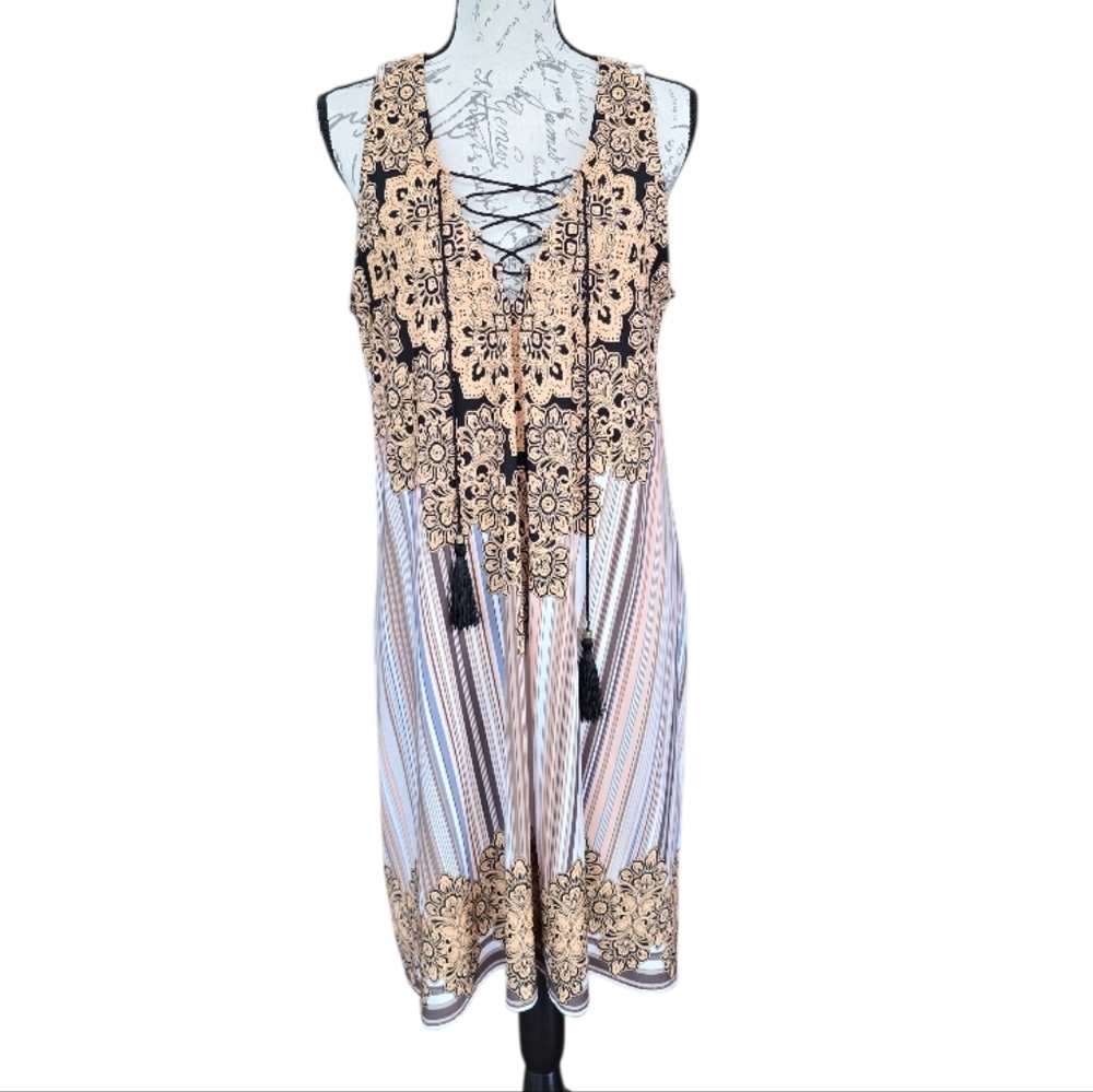 Laundry By Shelli Segal Black Tan Ethnic Print Sleeveless Dress 14